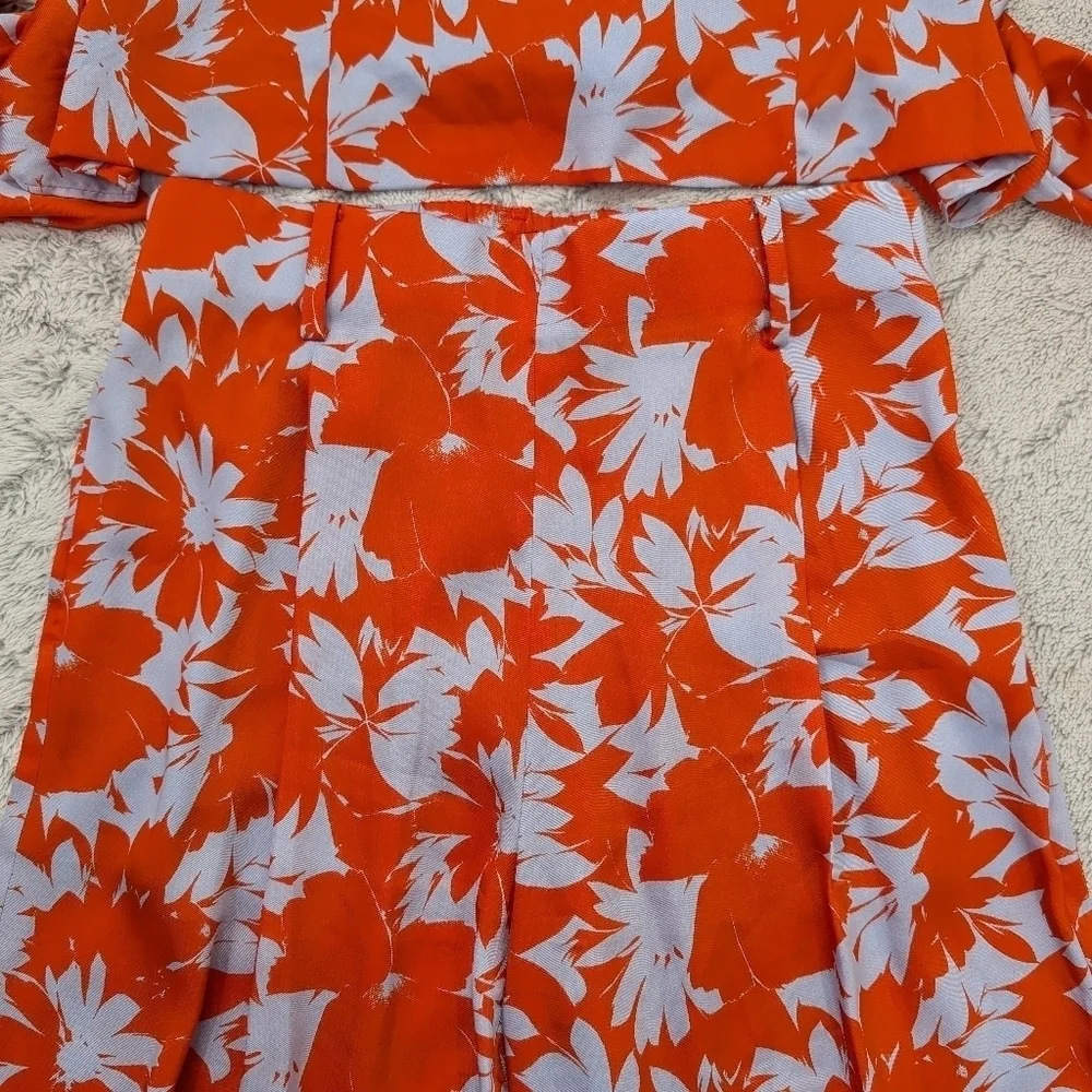 J. Crew Pants Set Womens 8 Large Orange Ratti Falling Leaves Halter Top Ruffle